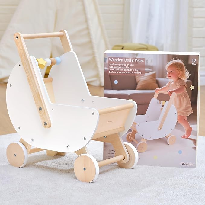 Wooden Baby Walker & Doll Stroller – Adjustable Handle Push Cart, Anti‑Tip, Quiet Wheels, Pretend Shopping Cart – Montessori Wooden Walker for Babies , Doll Stroller for Toddlers 12m+-BubblyBeeBaby