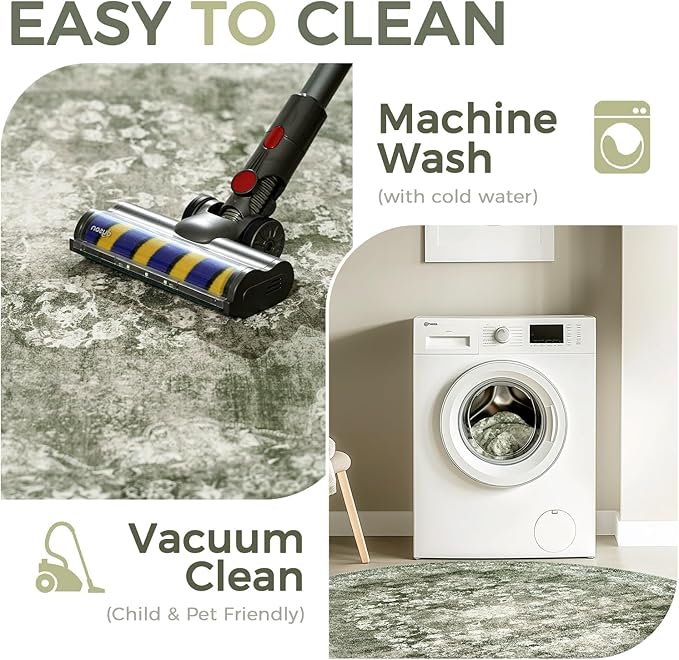 jinchan Round Rug 5ft Area Rug - Green Vintage Floor Mat Kitchen Indoor - Washable Circle 5' Thin Floral Print Carpet Retro Farmhouse Non Slip Dining Room Living Room Bedroom Office-BubblyBeeBaby