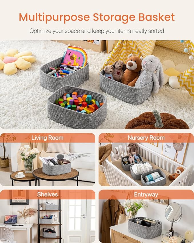 KALLAX Small Woven Basket, 13.5 x 9.5 x 5 Inches, Storage Basket for Organizing, Cute Small Rope Shelf Closet Cube Storage Bins Baskets for Shelves, Dog Toy Gift Baskets Empty, 3 Packs, Mixed Grey-BubblyBeeBaby