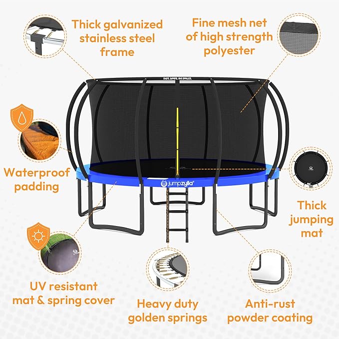 JUMPZYLLA Trampoline Outdoor 8FT 10FT 12FT 14FT 15FT 16FT with Enclosure and Ladder, ASTM Approved Recreational Trampoline for Kids and Adults, Anti-Rust Coated Frame-BubblyBeeBaby