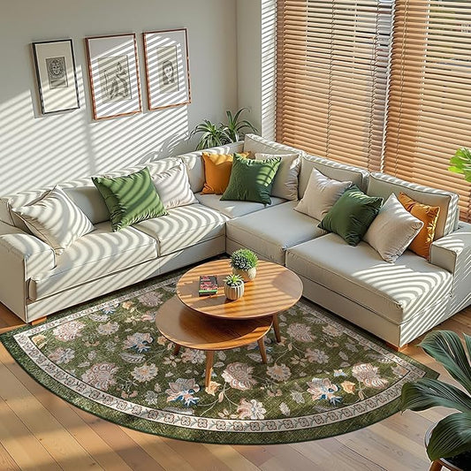 jinchan Floral Corner Rug for Kitchen Washable Nursery Rug Vintage Romance Design Non Slip Quarter Circle Lightweight Low-Pile Throw Carpet for Playroom Reading Nook Office, 5ft Radius, Green-BubblyBeeBaby