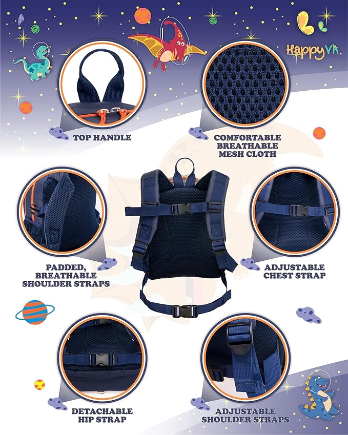 HappyVk- Backpack with Leash for Kids-Anti Lost Walking Toddler Leash-Dinosaur design-for 1-4 Years Old Boys, Girls-BubblyBeeBaby