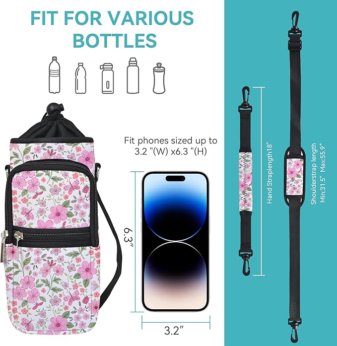 icolor Water Bottle Carrier Bag with Strap 25/32/40 oz Crossbody Bottle Holder with Phone Pocket Sling Sleeve Insulated Neoprene Water Bottle Pouch for Walking Travelling-BubblyBeeBaby