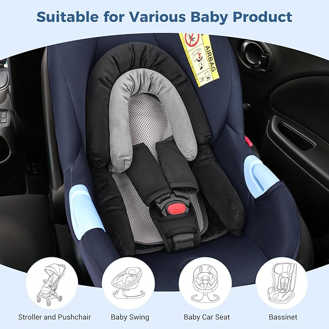 COOLBEBE Upgraded 3-in-1 Babybody Support & Strap Covers Set for Newborn Infant - Extra Soft Car Seat Insert Cushion Pad, Perfect for Carseats, Strollers, Swing, Black-BubblyBeeBaby