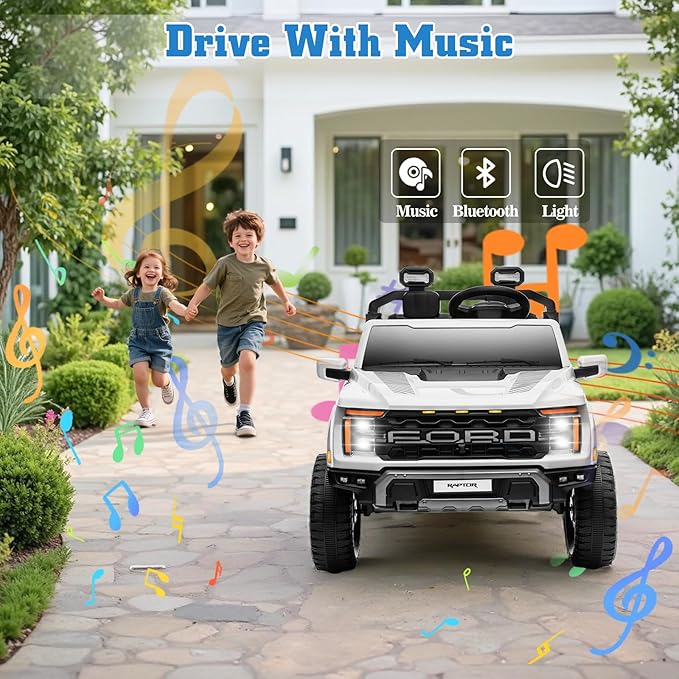24V Ride on Car Licensed Ford F-150 Raptor, Kids Electric Car with Remote Control, LED Light/Music/MP3, Truck Bed Storage, 3-Point Seat Belt (24V, White)-BubblyBeeBaby