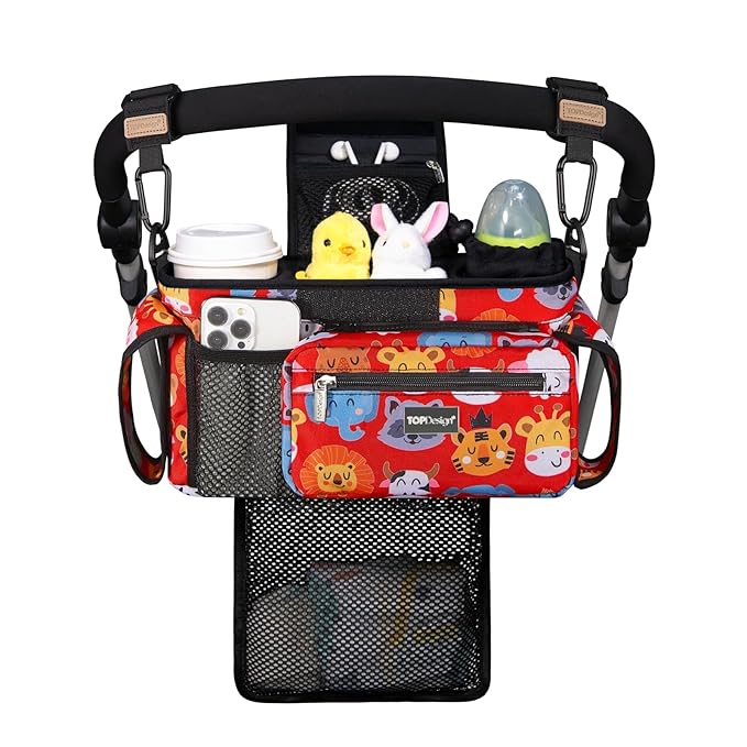 TOPDesign Universal Baby Stroller Organizer, Stroller Caddy with Detachable Mesh Bag & Heightened Insulated Cup Holders & Non-Slip Secure Hooks Accessories, Fits Most Strollers (Zoo 3)-BubblyBeeBaby