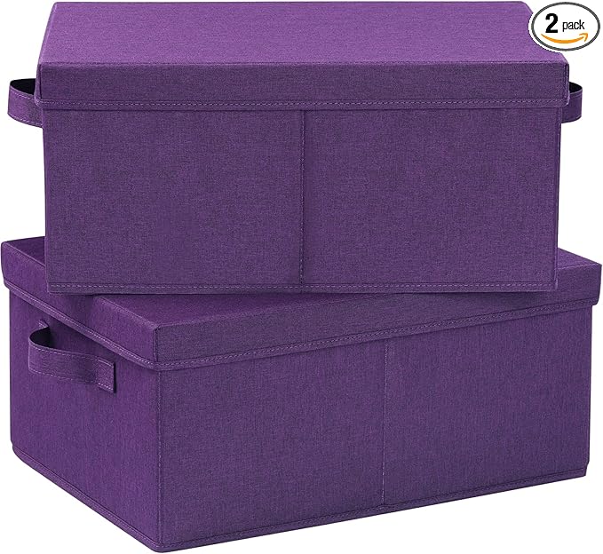 HOONEX Storage Bins with Lids for Organizing, Pack of 2, Storage Boxes with 2 Carry Handles and Sturdy Heavy Cardboard, 16.5" L x 11.8" W x 7.5" H for Shoes, Books, Clothes, Nursery, Dark Purple-BubblyBeeBaby