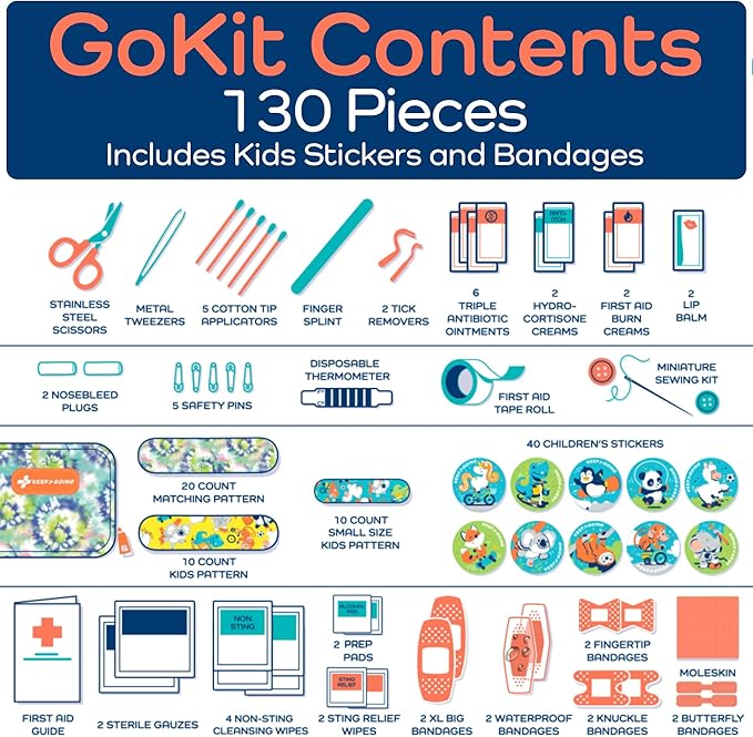 KeepGoing Travel First Aid Kit for Kids – 130 Pc. for Car, Home, Purse, Diaper Bag & Backpack with Latex-Free Bandages - Mini First Aid Kit Travel Size TSA-Approved-BubblyBeeBaby