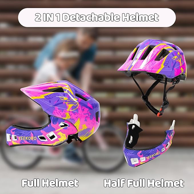 Kids Bike Helmet with Chin Guard, Adjustable Detachable Children’s Full Face Helmet for Girls and Boys, Cycling Helmets Skateboard, Scooter-BubblyBeeBaby
