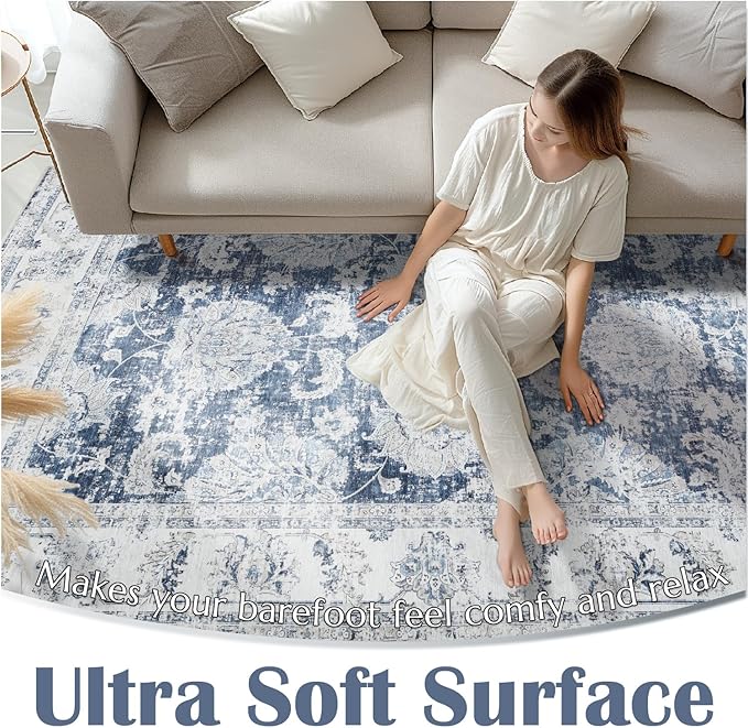 jinchan Runner Rug 2x6 Washable Hallway Runner - Vintage Floral Non Slip Low-Pile Soft Thin Kitchen Rug Distressed Carpet for Farmhouse Bedroom Entryway Laundry Room(2x6ft,Dark Blue)-BubblyBeeBaby