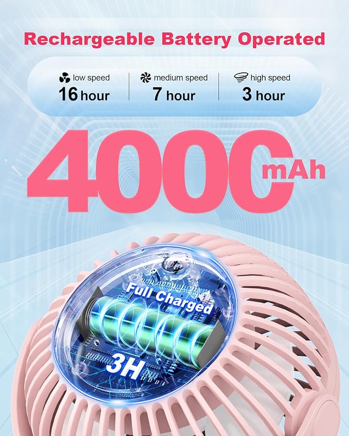 Stroller Fan Clip on for Baby, 4000mAh Rechargeable Battery Operated, Flexible Tripod, 3 Wind Speed, 360° Rotatable, Small Portable Fan for Car Seat Crib Backseat Beach Travel Camping, Pink-BubblyBeeBaby