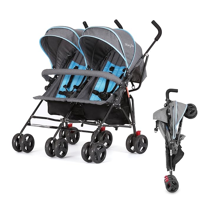 Dream On Me Volgo Twin Umbrella Stroller in Blue, Lightweight Double Stroller for Infant & Toddler, Compact Easy Fold, Large Storage Basket, Large and Adjustable Canopy-BubblyBeeBaby
