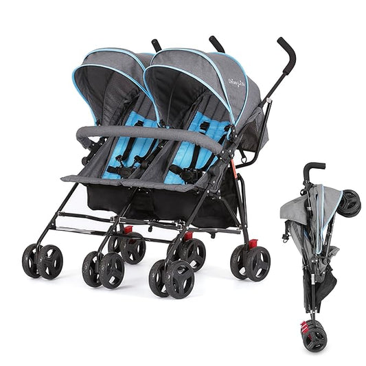 Dream On Me Volgo Twin Umbrella Stroller in Blue, Lightweight Double Stroller for Infant & Toddler, Compact Easy Fold, Large Storage Basket, Large and Adjustable Canopy-BubblyBeeBaby