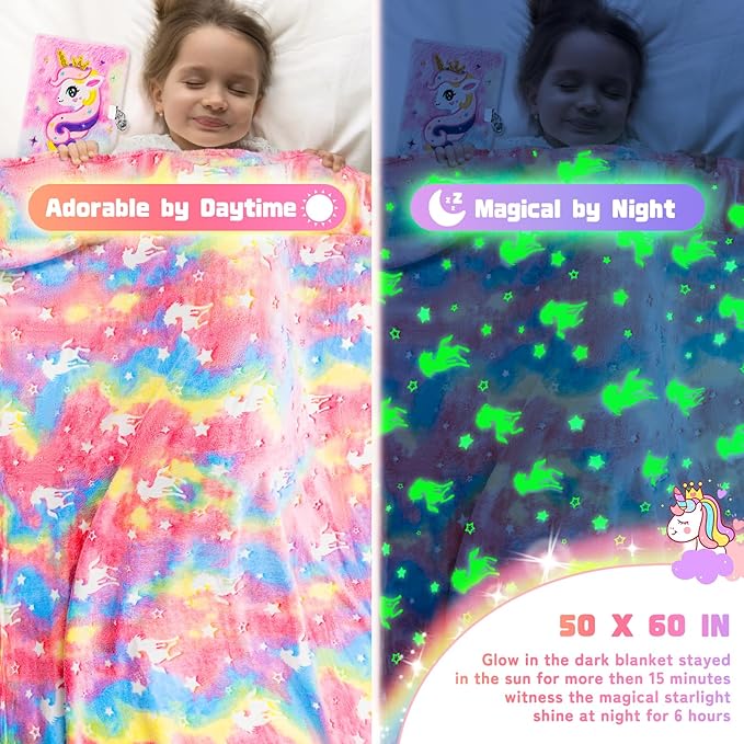 13PCS Unicorns Gifts for Girls Kids Toys 3 4 5 6 7 8 9 10 Years Old with Stationery Plush Diary with Lock/Glowing Blanket/Eye Mask/Crossbody Bag Teen Girl Birthday Christmas Unicorn Toy-BubblyBeeBaby