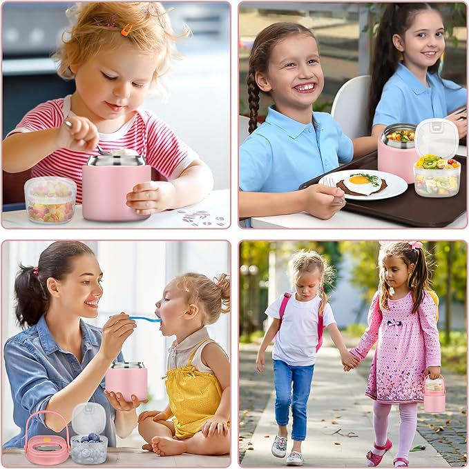 2-in-1 Insulated Food Jar & Snack Container - 15oz Kids Soup Thermos for Hot Food with Handle and Spoon, Leak Proof Reusable Toddler Snack Box, Perfect for School & Travel, Pink-BubblyBeeBaby