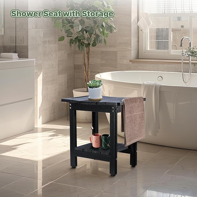 HDPE Shower Bench Seat Capacity 300LB, Waterproof Bathroom Stool with Side Carry Holes, Compact 16.8" L Design, Non-Slip Shower Seat for Elderly, Shaving Legs & Spa - Indoor/Outdoor Use(Black)-BubblyBeeBaby
