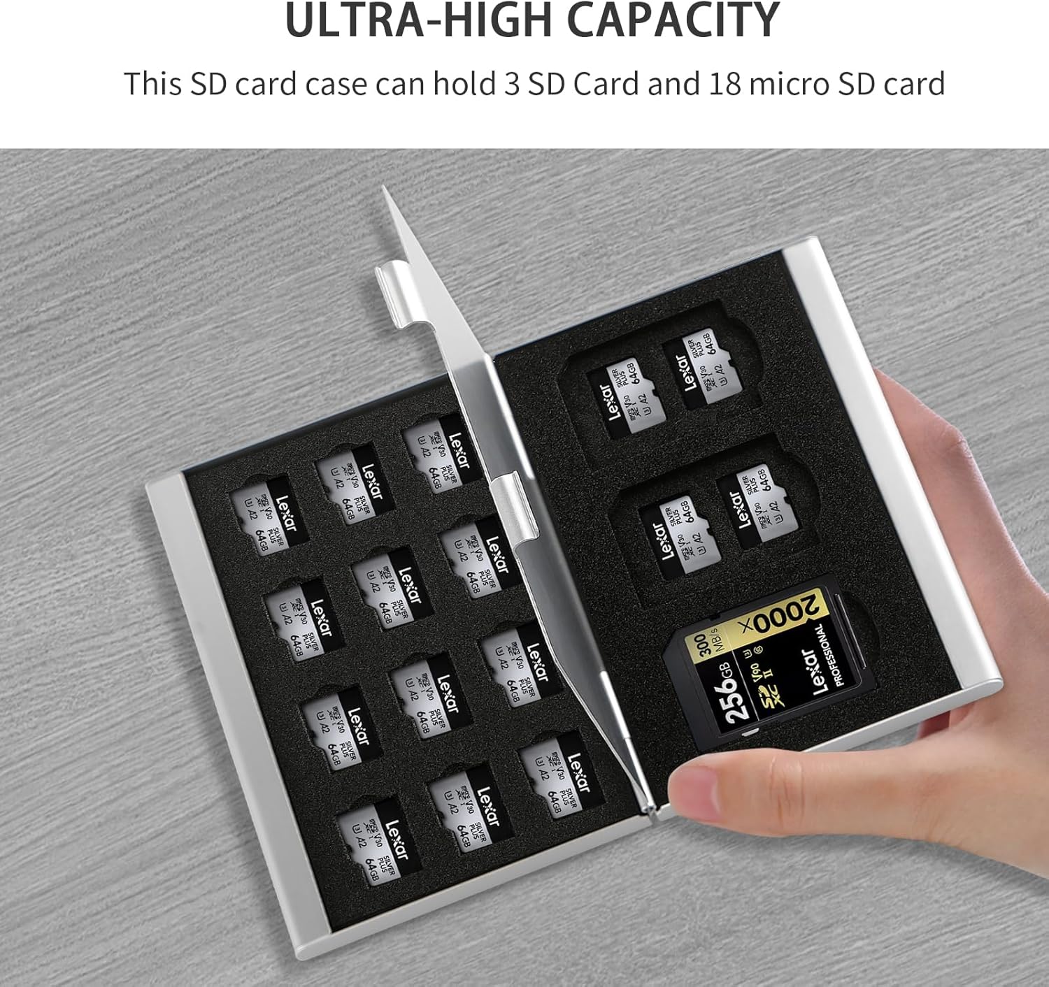 Aluminum SD Card Case, 21Slots Ultrathin SD Card Holder, Memory Card Storage Holder, Fit for 3 SD Card, 18 Micro SD Card, Silver