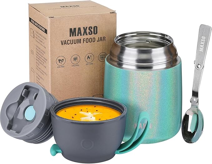 Insulated Food Jar for Hot & Cold Food for Kids Adult,17 oz Soup Thermo Hot Food Containers for Lunch, Triple Layer Insulation Stainless Steel Food Jar with Spoon (GPeacock)-BubblyBeeBaby