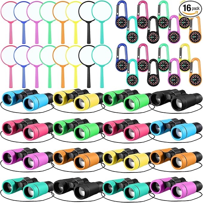 Hiboom 16 Set Kids Binoculars Bulk Shockproof Folding Children Mini Compact Binoculars Compass Magnifying Glass for 3-12 Years Boys Girls Kids Bird Watching Camping Outdoor Play-BubblyBeeBaby