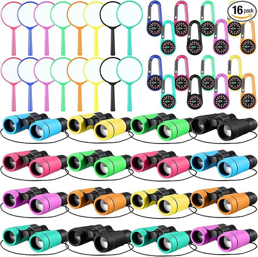 Hiboom 16 Set Kids Binoculars Bulk Shockproof Folding Children Mini Compact Binoculars Compass Magnifying Glass for 3-12 Years Boys Girls Kids Bird Watching Camping Outdoor Play-BubblyBeeBaby