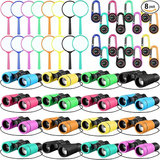 Hiboom 8 Set Kids Binoculars Bulk Shockproof Folding Children Mini Compact Binoculars Compass Magnifying Glass for 3-12 Years Boys Girls Kids Bird Watching Camping Outdoor Play-BubblyBeeBaby