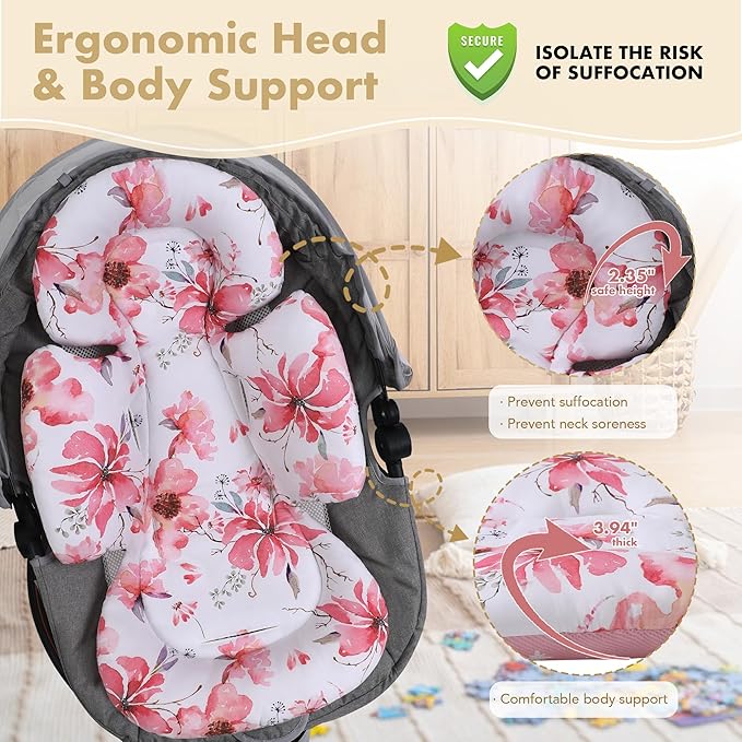 Infant Car Seat Insert, 2-in-1 Head & Body Carseat Support for Baby Newborn Toddler with Strap Covers, Reversible Ultra-Soft Cushion for Baby Carseat, Stroller, Swing & Bouncer-BubblyBeeBaby