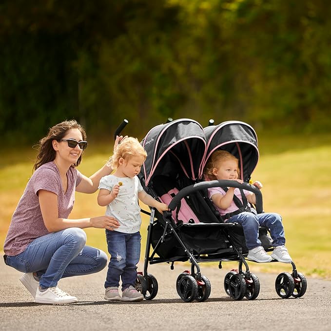 Dream On Me Volgo Twin Umbrella Stroller in Pink, Lightweight Double Stroller for Infant & Toddler, Compact Easy Fold, Large Storage Basket, Large and Adjustable Canopy-BubblyBeeBaby