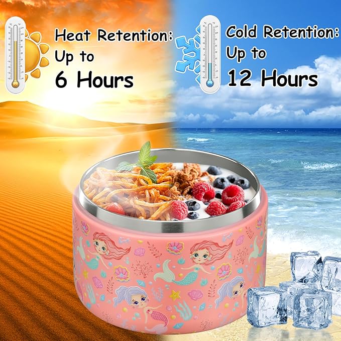 12oz Insulated Vacuum Food Jar with Buckle Lid Wide Mouth Soup Thermo for Hot Food Kids Leakproof Stainless Steel Lunch Container (mermaid)-BubblyBeeBaby