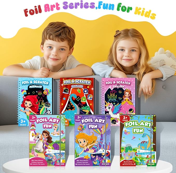 homicozy Art & Craft Activity for Kids - Foil Fun Mermaids & Scratch Art Book 2-in-1, No Mess Art Crafts for Girls,DIY Creative Activity Kit,Gifts for Girls Ages 4, 5, 6, 7, 8, 9, Travel Toys-BubblyBeeBaby