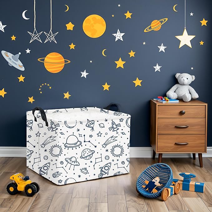 HIYAGON Rectangular Space Basket for Boys Kids Baby Storage Basket Storage Bin Organizer Box Room Decor(Spaceships)-BubblyBeeBaby