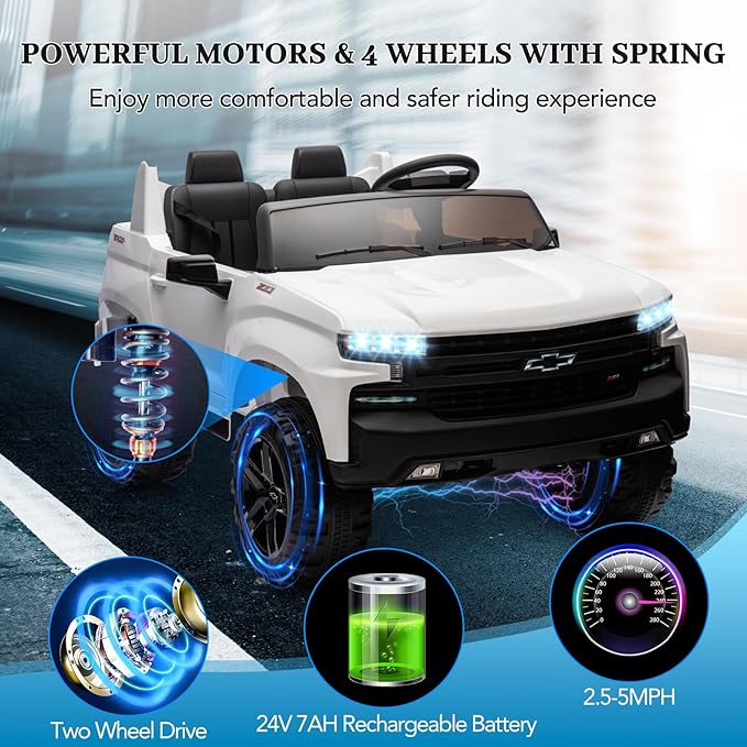 Hetoy 24V 2-Seater Truck Licensed Chevrolet Silverado Ride On Car Toy w/Parent Remote Control,4xSpring Suspension, 3 Speeds, Wireless Music, MP3 Player, Electric Vehicle Car for Kids, White-BubblyBeeBaby