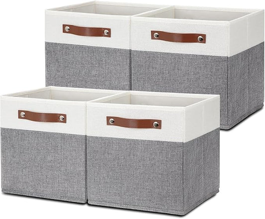 HNZIGE Set of 4, Foldable Storage Cube Bin Baskets, Fabric 11x11 Cube Storage Bins for Storage with Handles, Shelf Bins for Cube Home Toy Nursery Closet(White Gray)-BubblyBeeBaby