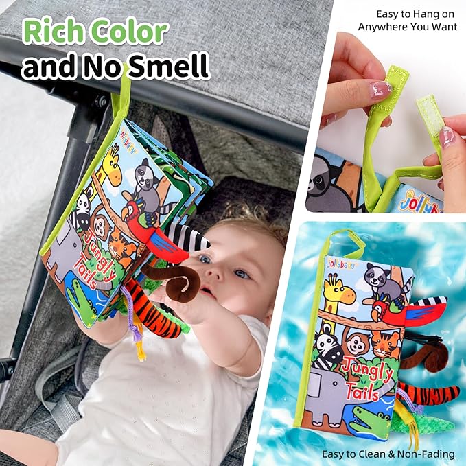 Jollybaby Crinkle Books for Babies, Sensory Soft Touch and Feel Baby Toys for 0-6 Months Infants, Newborn Montessori Early Educational Cloth Toys, Baby Girl & Boy Gift(Jungle Tails)-BubblyBeeBaby