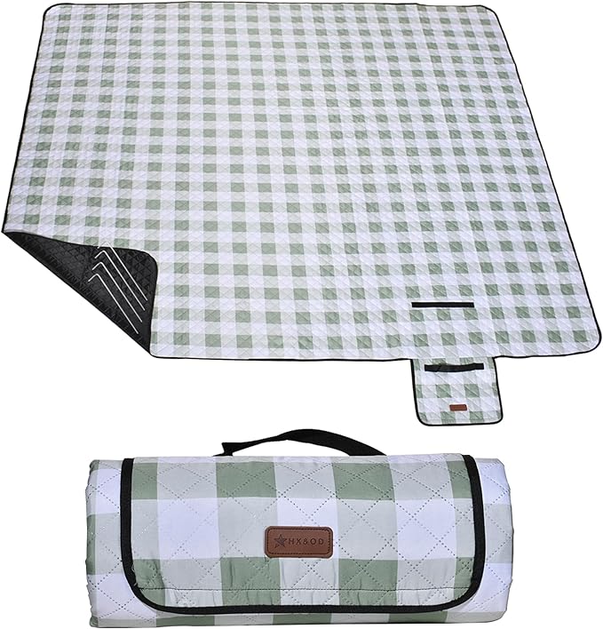 HX&OD Outdoor Picnic Blanket, Extra Large, 80''x60'' Waterproof Foldable Blankets Gingham Picnic Mat for Beach, Camping Grass Lawn Park Accessories Cute Couple Ideas Wedding (Green, 80”x60”)-BubblyBeeBaby