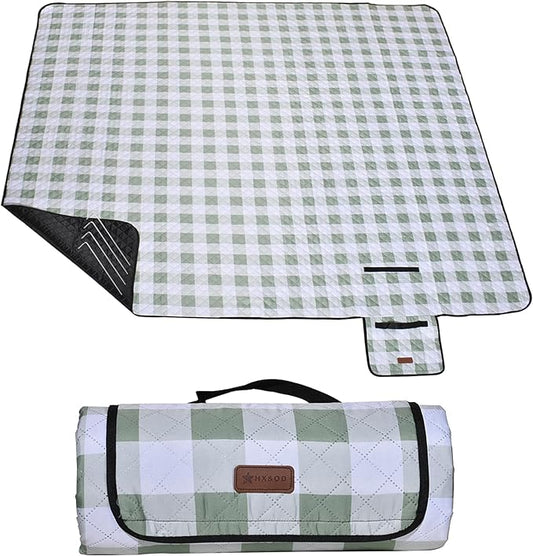 HX&OD Outdoor Picnic Blanket, Extra Large, 80''x80'' Waterproof Foldable Blankets Gingham Picnic Mat for Beach, Camping Grass Lawn Park Accessories Cute Couple Ideas Wedding (Green, 80”x80”)-BubblyBeeBaby