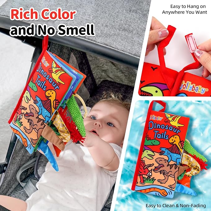Jollybaby Baby Books 0-6 Months, Touch and Feel Crinkle Soft Cloth Books for Infants Babies, Toddler Early Educational Interactive Stroller Sensory Toys, Baby Girl & Boy Gift(Dinosaur Tails)-BubblyBeeBaby