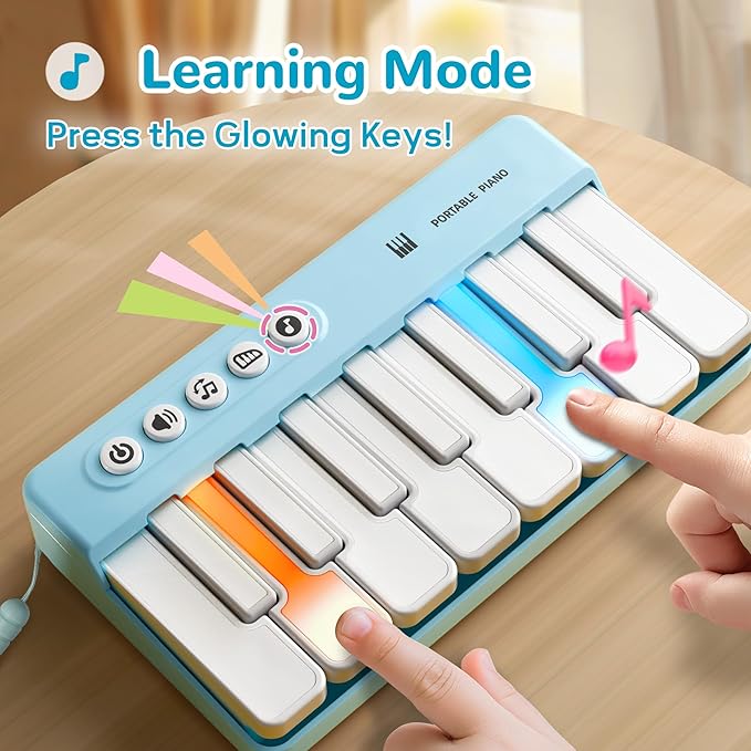 iPlay, iLearn Kids Mini Piano Toy W/Rainbow Lights, Portable Travel Piano Keyboard Toddlers Musical Instrument Learning Toys, Music Interactive Birthday Gift for 2 3 4 5 6 Year Old Boys Children-BubblyBeeBaby