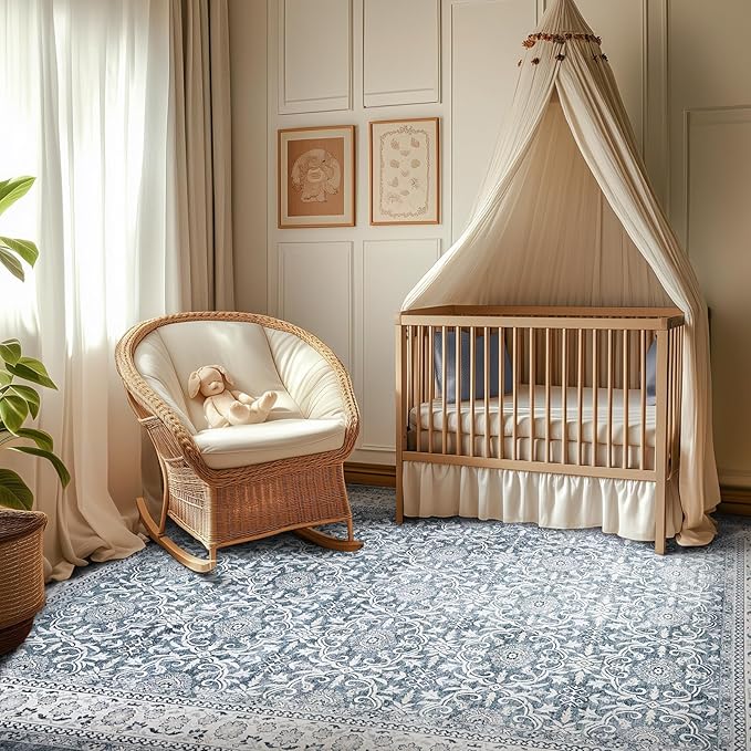 jinchan Floral Area Rugs 4x6 - Machine Washable Vintage Distressed Boho Design Throw Rug Stain Resistant Carpet Low Pile Ultra-Thin Non-Slip for Bedroom Living Room Dining Room Kitchen (4‘x6',Grey)-BubblyBeeBaby