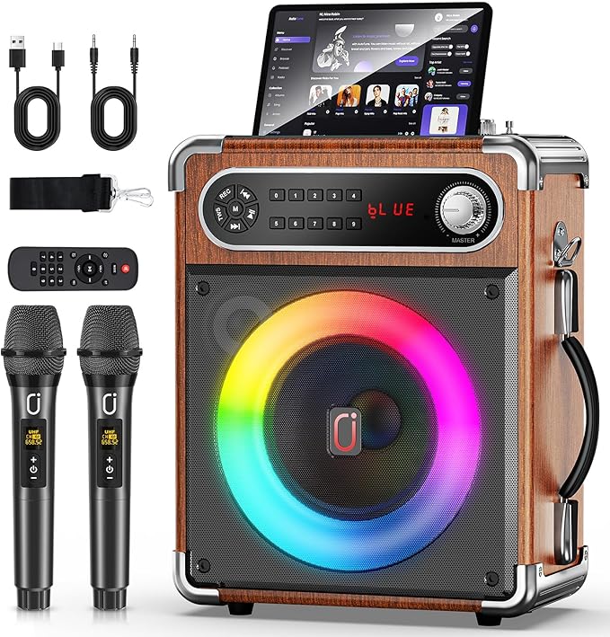 Karaoke Machine with 2 Wireless Microphones,【Upgraded 6.5"Woofer & 2"Tweeter】Portable Bluetooth 5.3 Karaoke Speaker, PA System with Bass/Treble/Echo Adjustment, Supports USB/AUX/TF/TWS for Home Party-BubblyBeeBaby