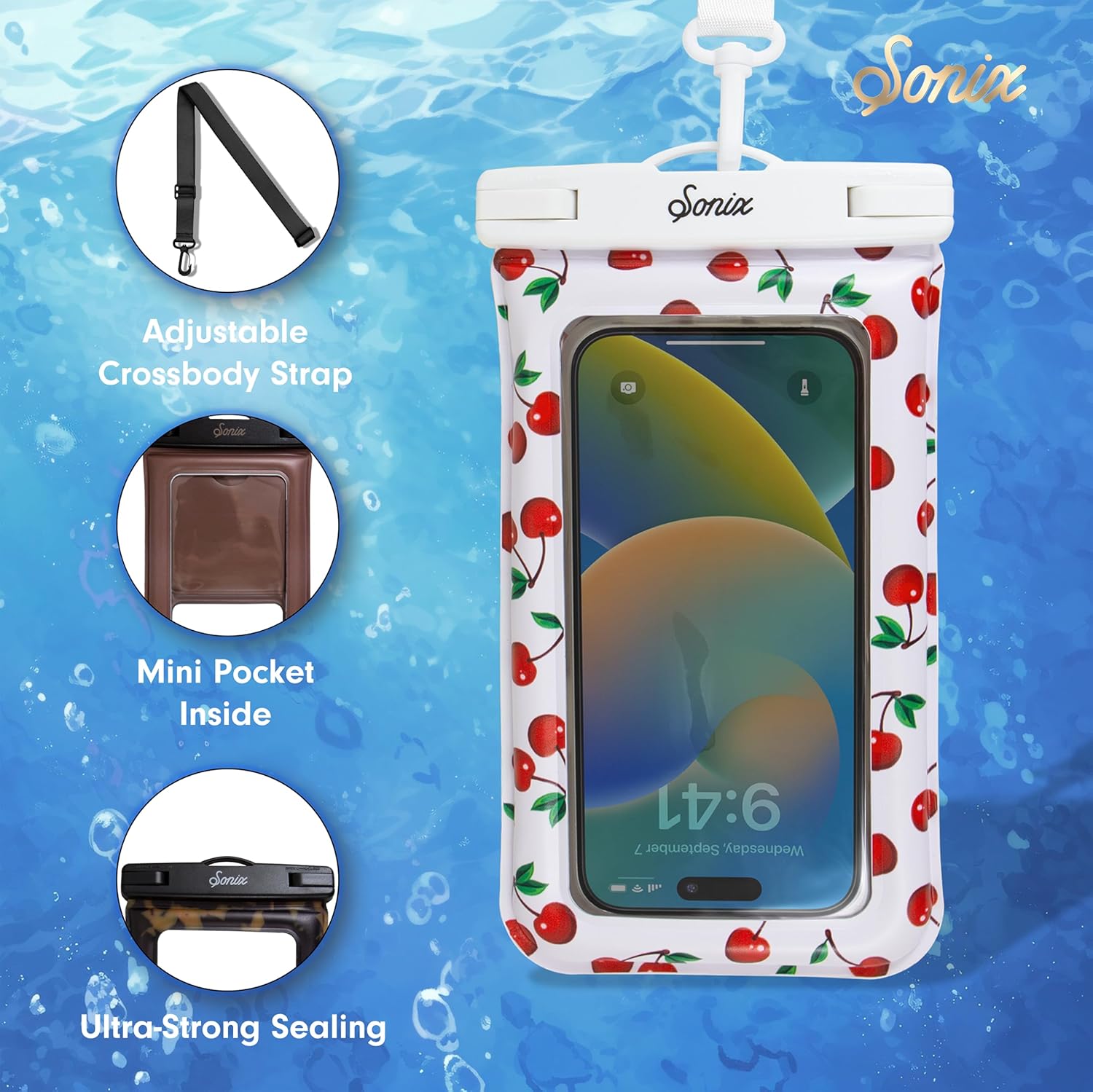 Sonix Waterproof Phone Pouch - Floating Phone Case Dry Bag w/Crossbody Lanyard - Beach Cruise Travel Essentials - Compatible w/All Devices, Touchscreen Friendly | Cherry on Top