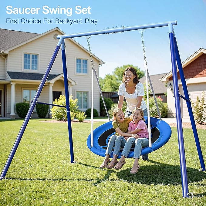 Heavy Duty 500lbs Saucer Swing Set - Outdoor Metal Frame Playground Equipment for Backyard, Includes 45'' Tree Swing & Adjustable Steel Stand - Kids/Toddlers Age 3-12-BubblyBeeBaby