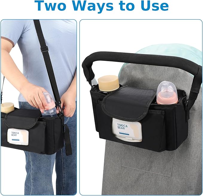 Accmor Universal Stroller Organizer with Insulated Cup Holder and Shoulder Strap, Stroller Caddy Bag Stroller Cup Holder Attachment for Uppababy, Baby Jogger, Britax Strollers, Black-BubblyBeeBaby