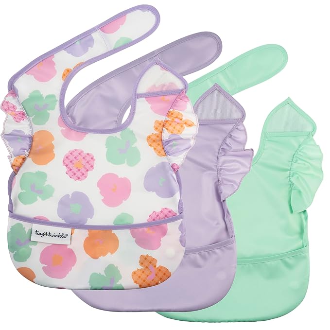 Tiny Twinkle Mess-Proof Baby Bib - Waterproof Bib for Baby Girl - Machine Washable - Adjustable Closure - PVC, BPA, & Phthalate Free - Great for Travel - Baby Food Bibs (3 Pack, Floral Pop)-BubblyBeeBaby