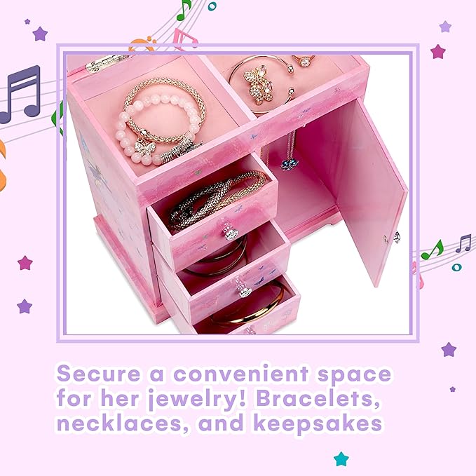 Jewelkeeper Jewelry Box - Jewelry Box for Girls with Ballerina Music Box - 3 Spacious Drawers, Necklace Carousel, Soft Pink Lining and Flowers Design - Sugar Plum Fairy Tune - 9.5 x 7.75 x 9.5 in-BubblyBeeBaby