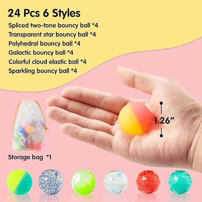 JOYIN 24 PCS Multistyle Bouncy Balls, 6 Styles 32mm Assorted Bouncy Balls Bulk with Storage Bag, Bounce Toys for Kids Party Favors Birthdays Gifts Goodie Bags Stuffers Carnival Prizes-BubblyBeeBaby