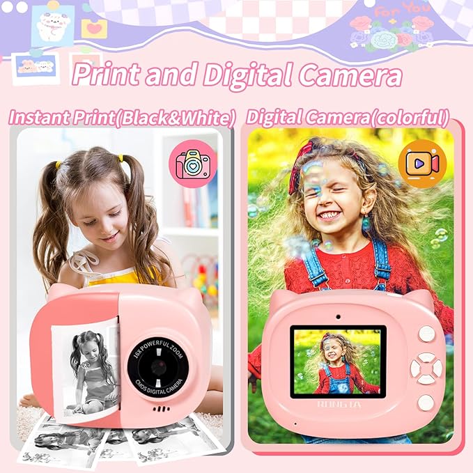 Instant Print Camera Toy for Kids, Girls Birthday Gifts for 3 4 5 6 7 8 Year Old Learning Music Story Player, 1080P HD Dual-Lens Creative Instant Camera (Pink)-BubblyBeeBaby