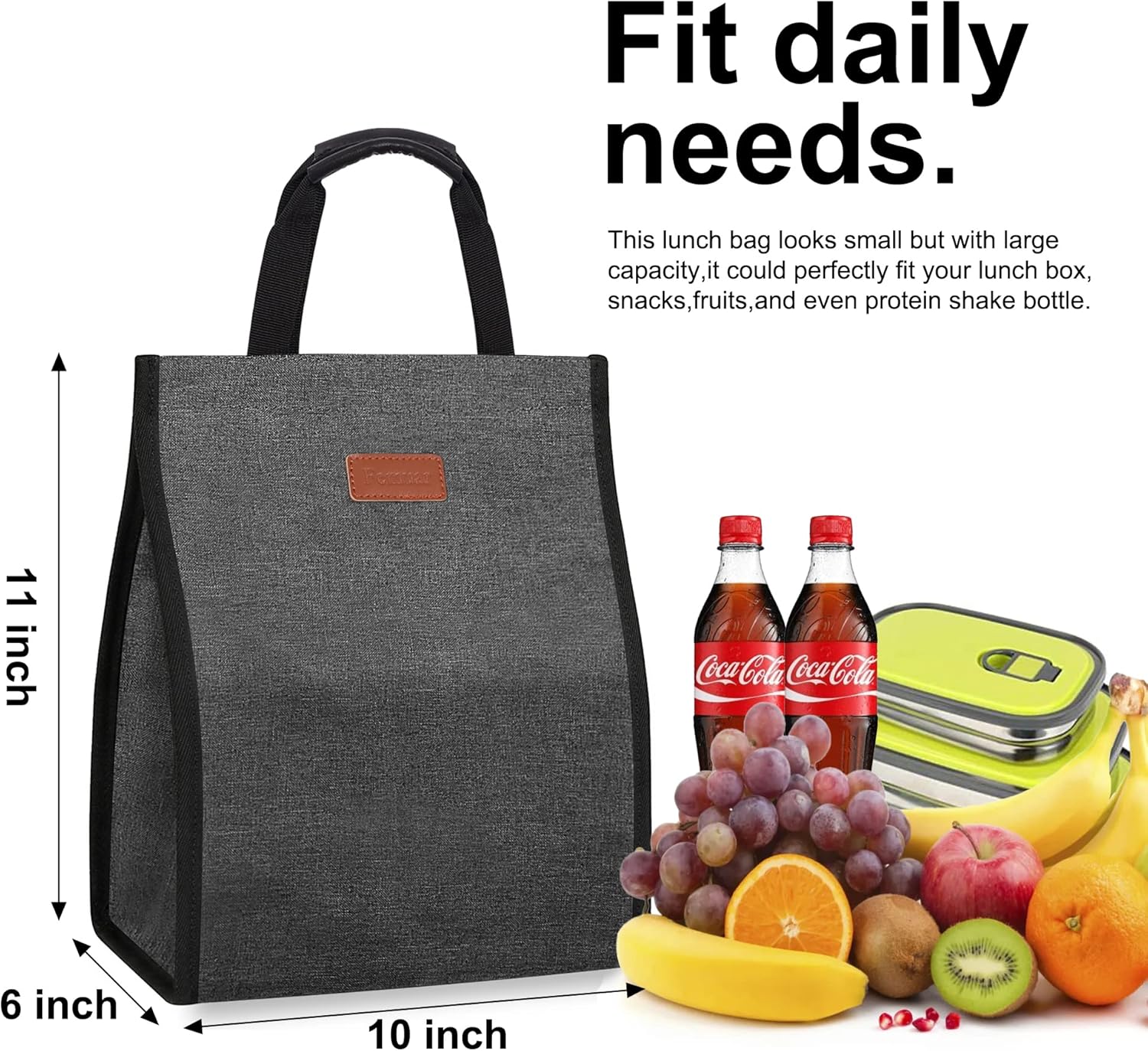 Lunch Bags for Women Insulated Reusable Lunch Tote with Internal Pocket, Lunch Tote bag for Work (Charcoal Grey