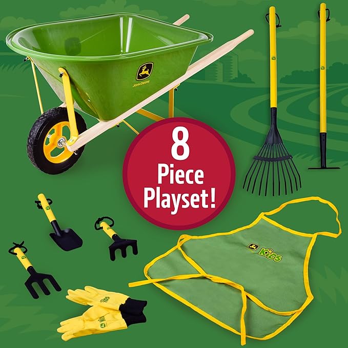 John Deere Deluxe 34" Wheelbarrow and Garden Set Includes 5 Realistic Gardening Tools,Gardening Apron, Gardening Gloves, Large Metal Wheelbarrow with Wooden Handles, Outdoor Toy Ages 5+-BubblyBeeBaby