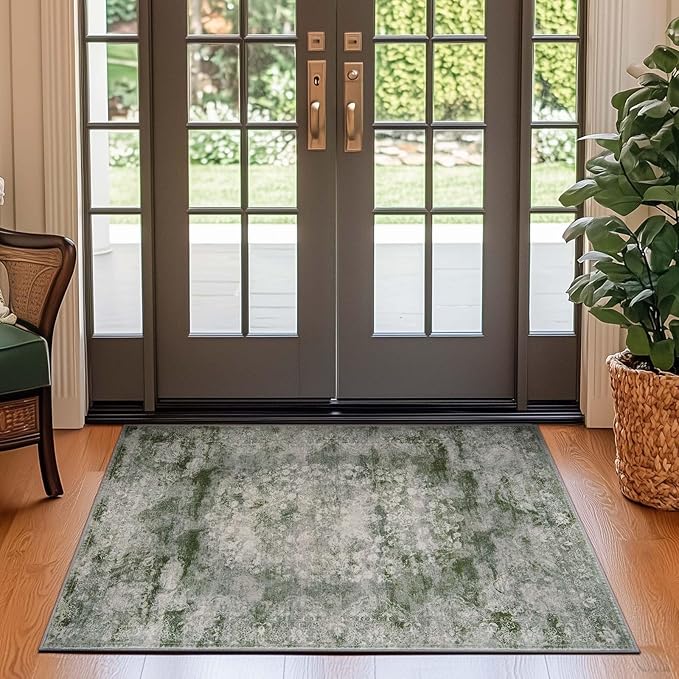 jinchan Green Floral 3x5 Area Rugs for Entryway - Machine Washable Vintage Distressed Design Low-Pile Soft Non-Shedding Carpet for Kitchen Bedside Laundry Living Room (3x5ft, Forest Green)-BubblyBeeBaby