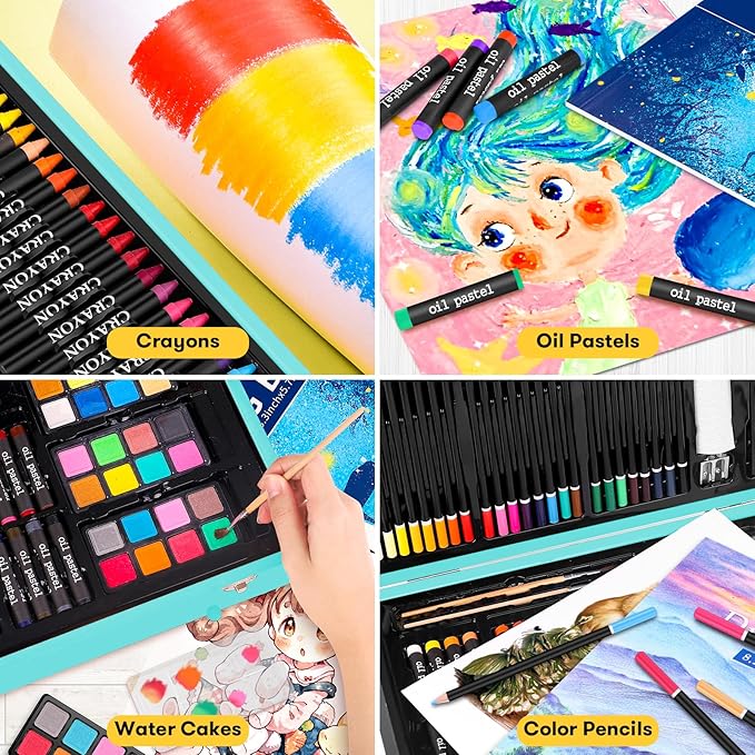 iBayam Art Supplies, 150-Pack Deluxe Wooden Art Set Crafts Drawing Painting Kit with 1 Coloring Book, 2 Sketch Pads, Creative Gift Box for Adults Artist Beginners Kids Girls Boys-BubblyBeeBaby